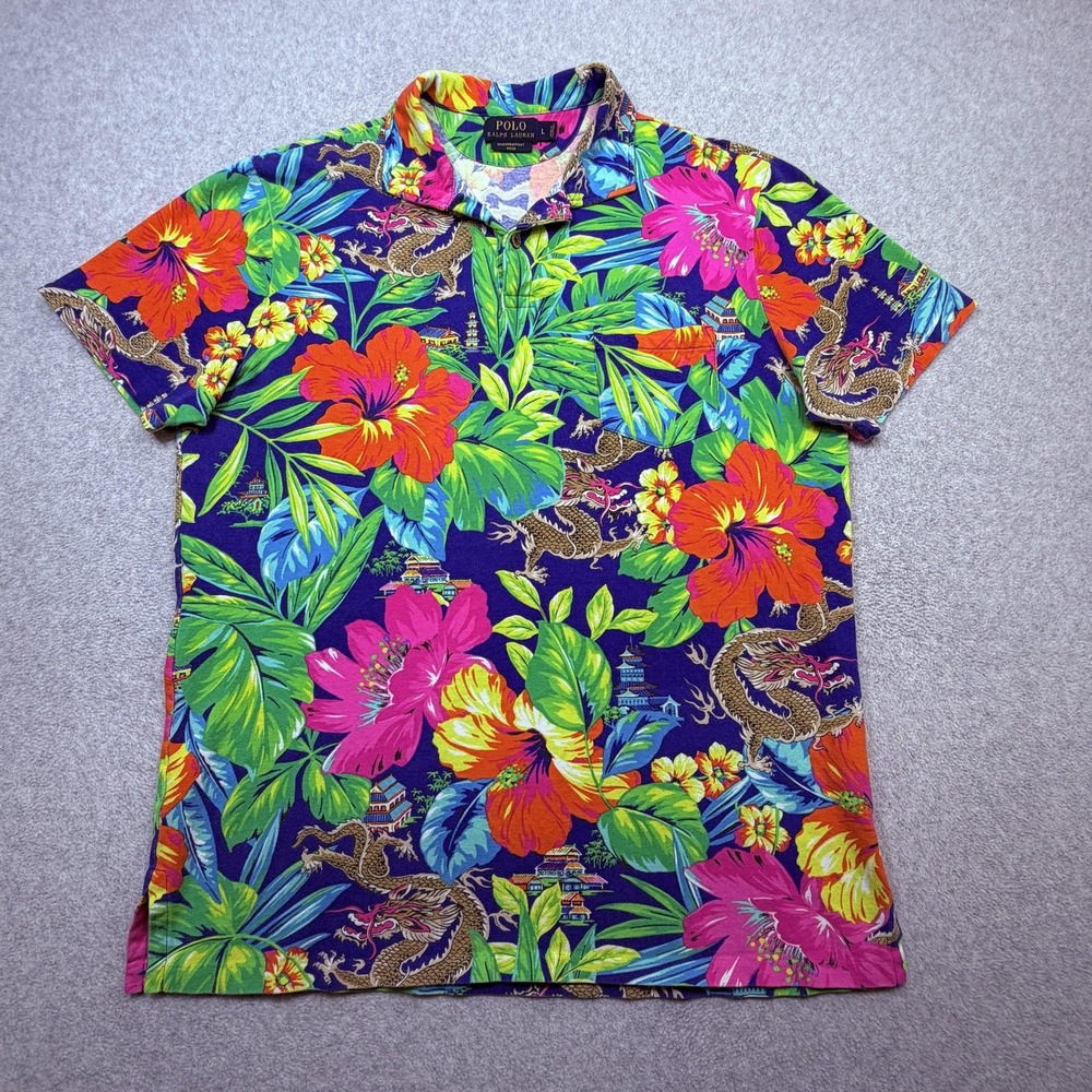 Ralph Lauren Featherweight Mesh Polo Shirt Mens Large Floral Dragon Tropical